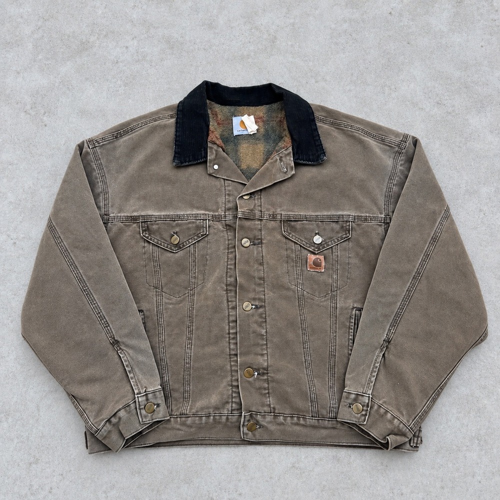 Vintage Carhartt JB0682 Brown Duck Canvas Blanket Lined Trucker Jacket XL USA